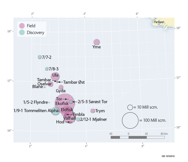 Figur 2.25 Fields and discoveries in the southern part of the North Sea. The size of the circle indicates the total remaining resource volume.