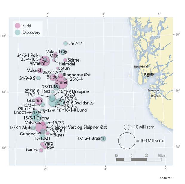 Figur 2.26 Fields and discoveries in the central part of the North Sea. The size of the circle indicates the total remaining resource volume.