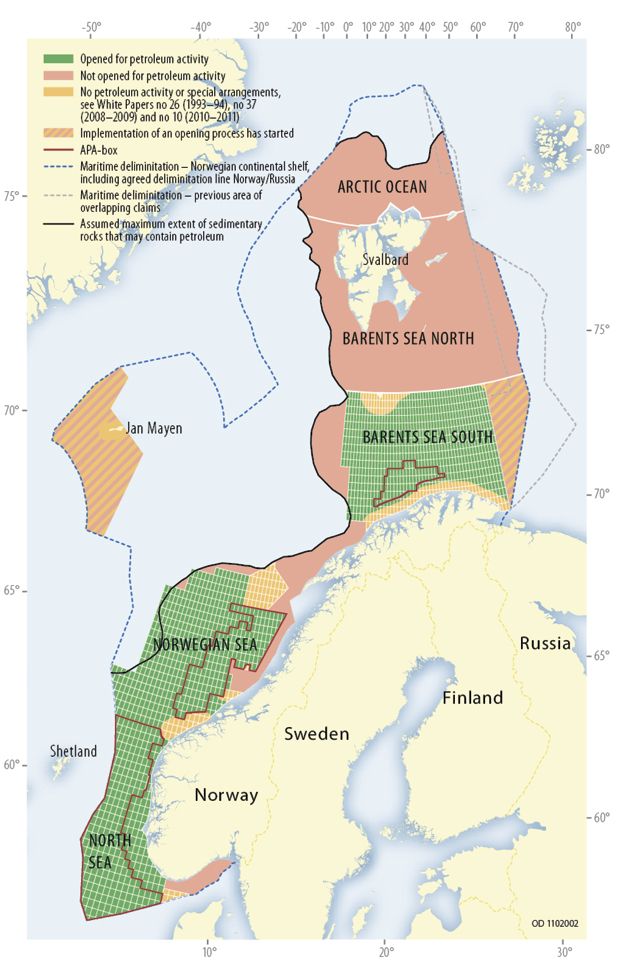 Figur 6.2 Opened and unopened areas on the Norwegian Shelf, estimated maximum spread of sedimentary rocks, for illustration purposes only.