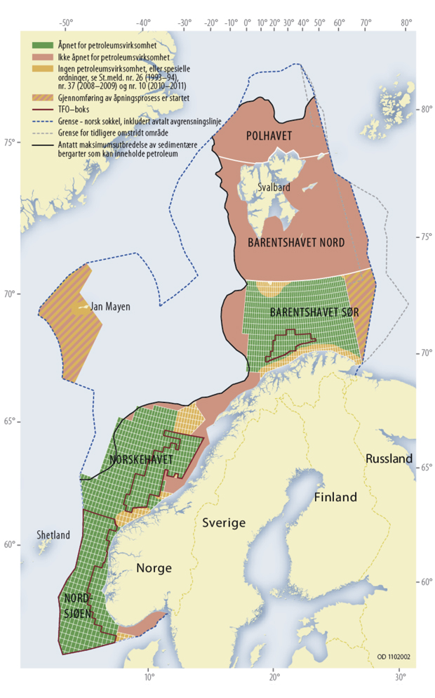 Figur 6.2 Åpne og uåpnede områder på norsk sokkel, antatt maksimalutbredelse av sedimentære bergarter, kun for illustrasjonsformål.