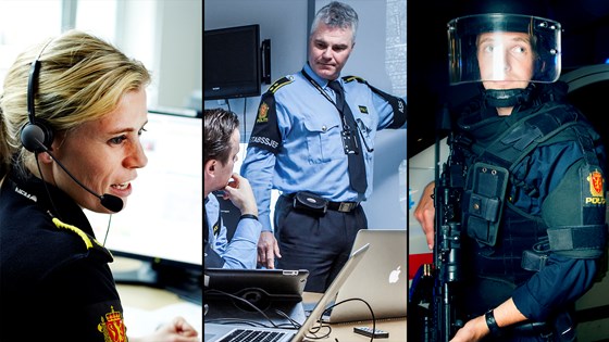 Eksempler på områder der beredskapen er styrket: Kommunikasjon, kriseledelse og beredskapstroppen Illustrasjonsfoto med politi på kommunikasjonssentral, krisehåndtering og bevæpnet politi