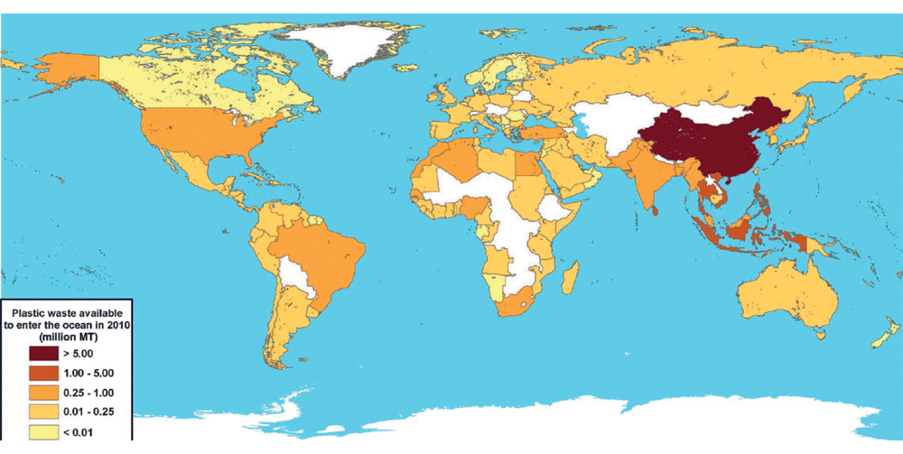 Figure 6.2 Map showing where plastic waste management problems are greatest, with risk of plastic ending up in the oceans. Countries marked in white are not included in the source data. Data from 2010.