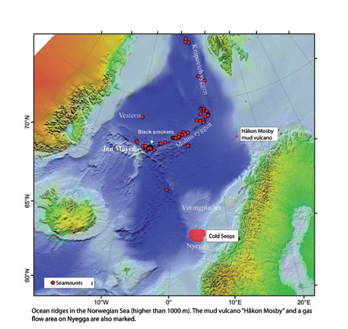 Figure 3-5.EPS Registered seamounts (higher than 1 km) in the Norwegian
Sea. The Håkon Mosby mud volcano and an area
of cold seeps (Nyegga) are also shown