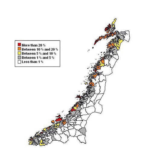 Figure 4-1.EPS Employment in fishing, fish farming and fish processing in
2007 as a percentage of total employment in the counties of Møre
og Romsdal, Sør-Trøndelag, Nord-Trøndelag
and Nordland.