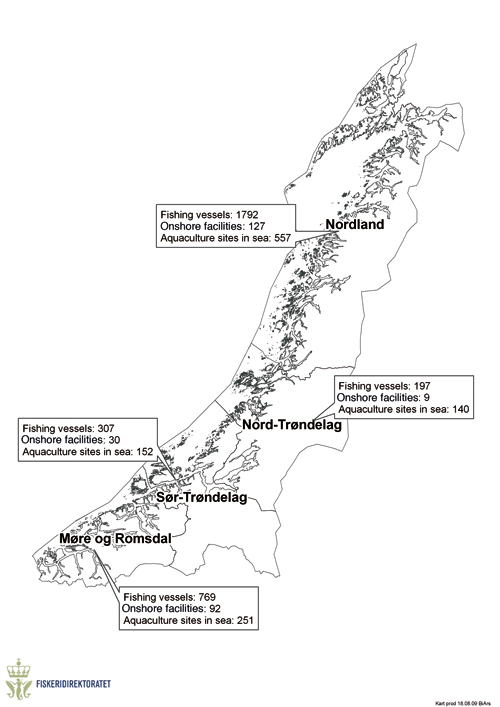 Figure 4-2.EPS Number of vessels, onshore facilities and approved aquaculture
sites in the counties bordering on the Norwegian Sea.