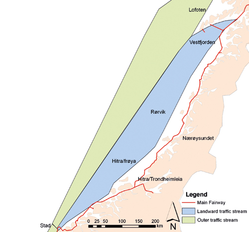 Figure 4-7.EPS The main fairway and the landward- and outer traffic streams
along the mainland coast.