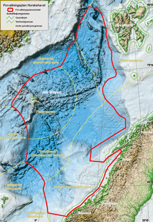 Figur 2.2 Geografisk avgrensning av helhetlig forvaltningsplan for Norskehavet