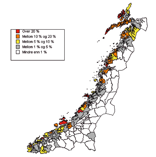 Figur 4.1 Sysselsatte i fiske og fangst, fiskeoppdrett og fiskeforedling
i 2007 som andel av totalsysselssettingen i kommunene i Møre
og Romsdal, Sør-Trøndelag, Nord-Trøndelag
og Nordland