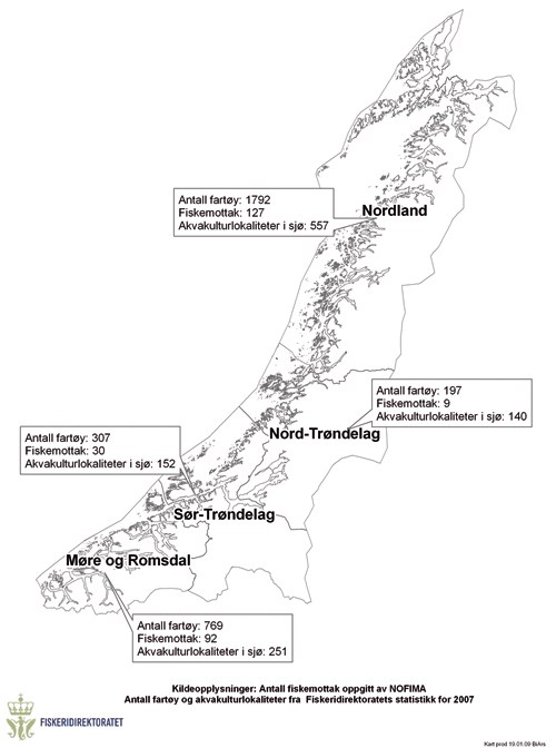 Figur 4.2 Fartøy, fiskemottak og akvakulturlokaliteter i fylkene
ved Norskehavet i 2007