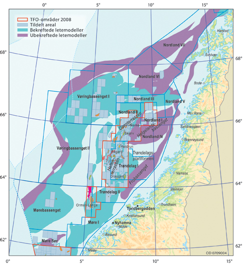 Figur 4.4 Oversikt over letemodeller og petroleumsvirksomhet i Norskehavet