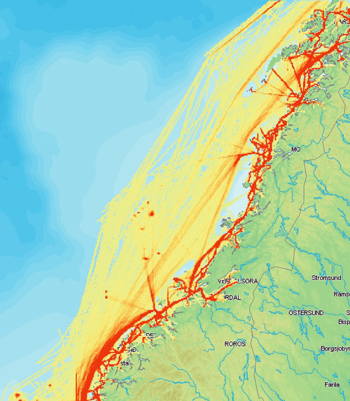 Figur 4.6 Illustrasjonen viser skipstrafikken i oktober 2008 basert på AIS-data