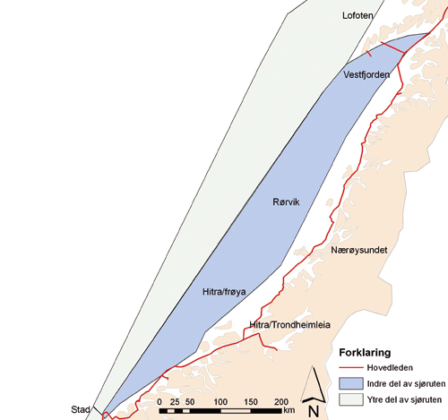 Figur 4.7 Figuren viser hovedleden, samt indre og ytre del av sjøruten