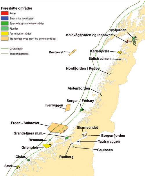 Figur 7.1 Områder i Norskehavsregionen foreslått av
rådgivende utvalg for nasjonal marin verneplan