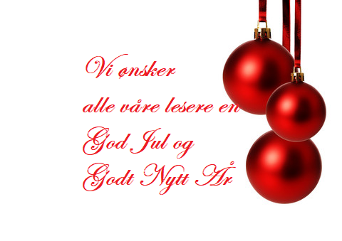 Vi ønsker alle våre lesere en god jul og godt nytt år. Rød julekuler.
