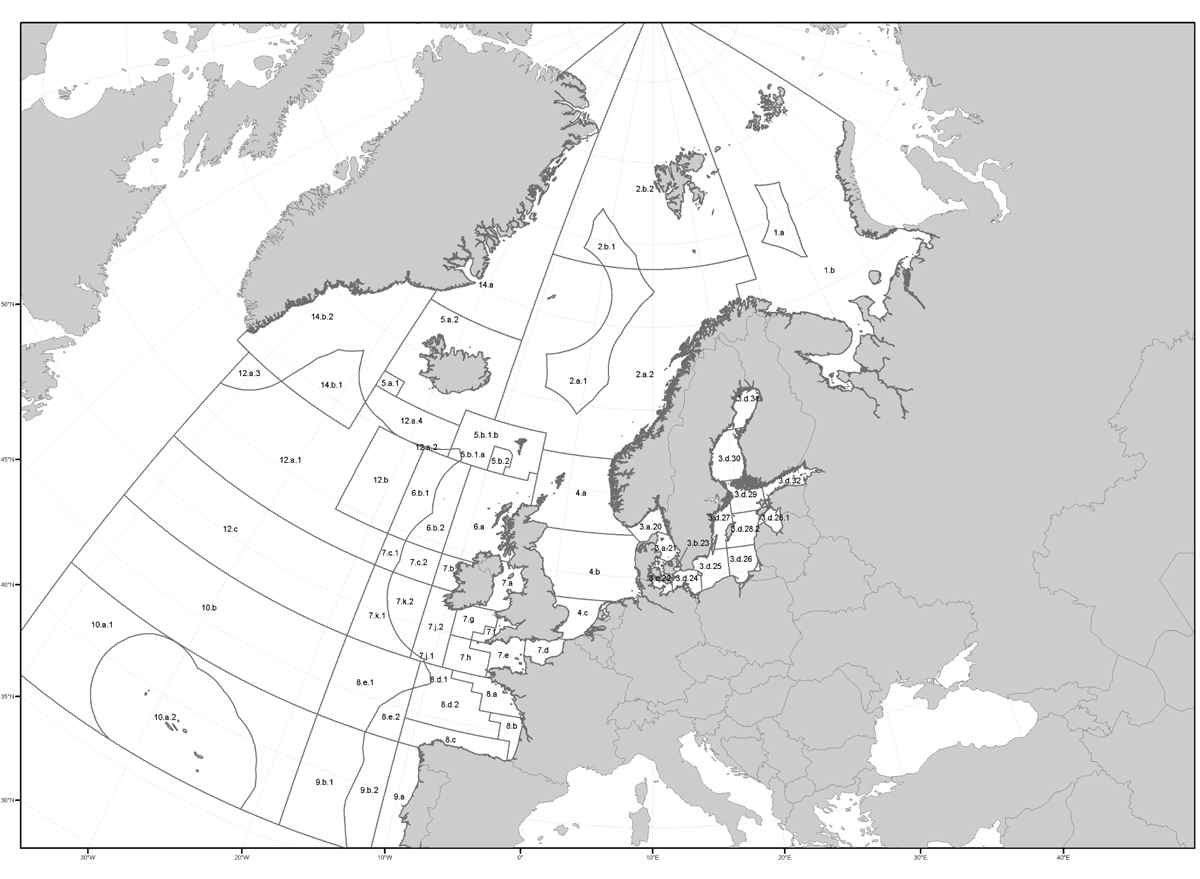 Figur 2.3 ICES sine fiskeristatistiske område.