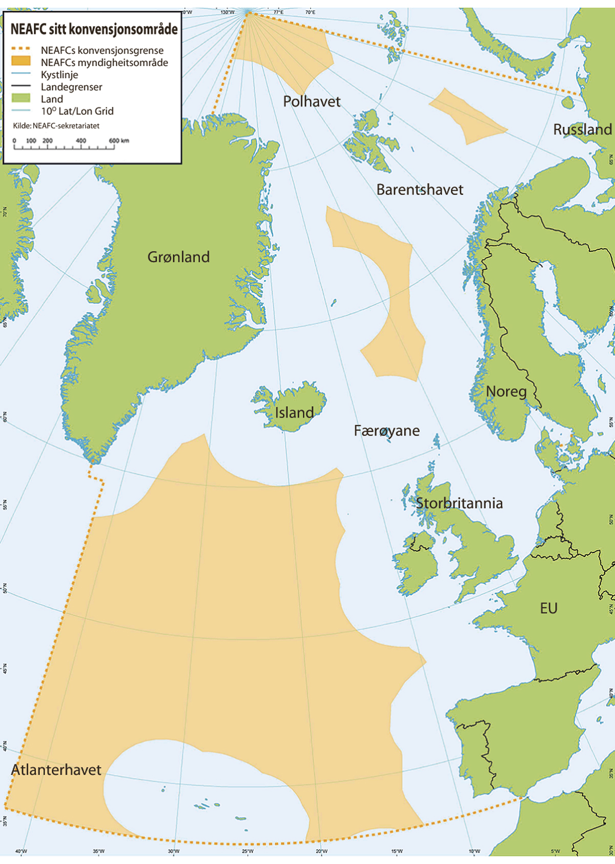 Figur 3.7 Konvensjonsområdet til NEAFC ligg innanfor dei stipla linene, myndigheitsområde er merkte i oransje.