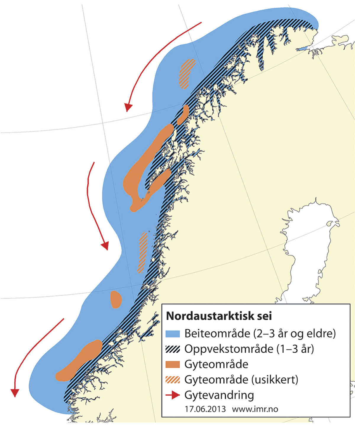 Figur 4.12 Utbreiingsområde og gyteområde for nordaustarktisk sei.