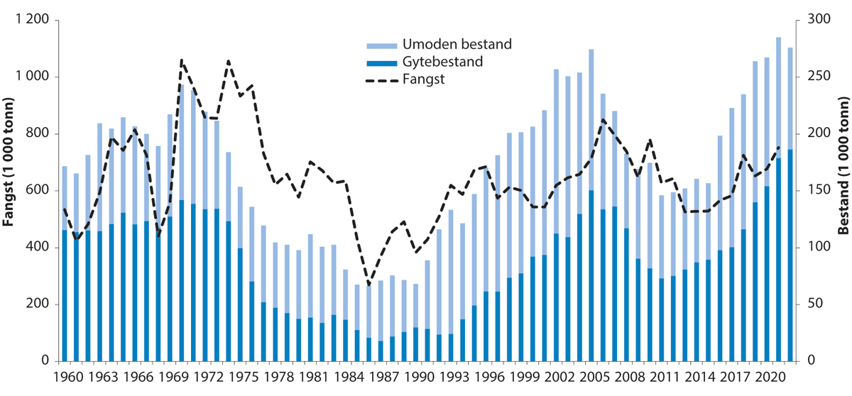 Figur 4.13 Utviklinga i bestand og fangst av nordaustarktisk sei.