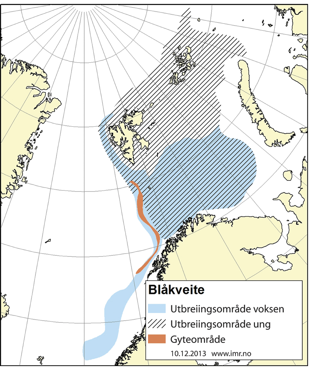 Figur 4.15 Utbreiingsområde og gyteområde for nordaustarktisk blåkveite.