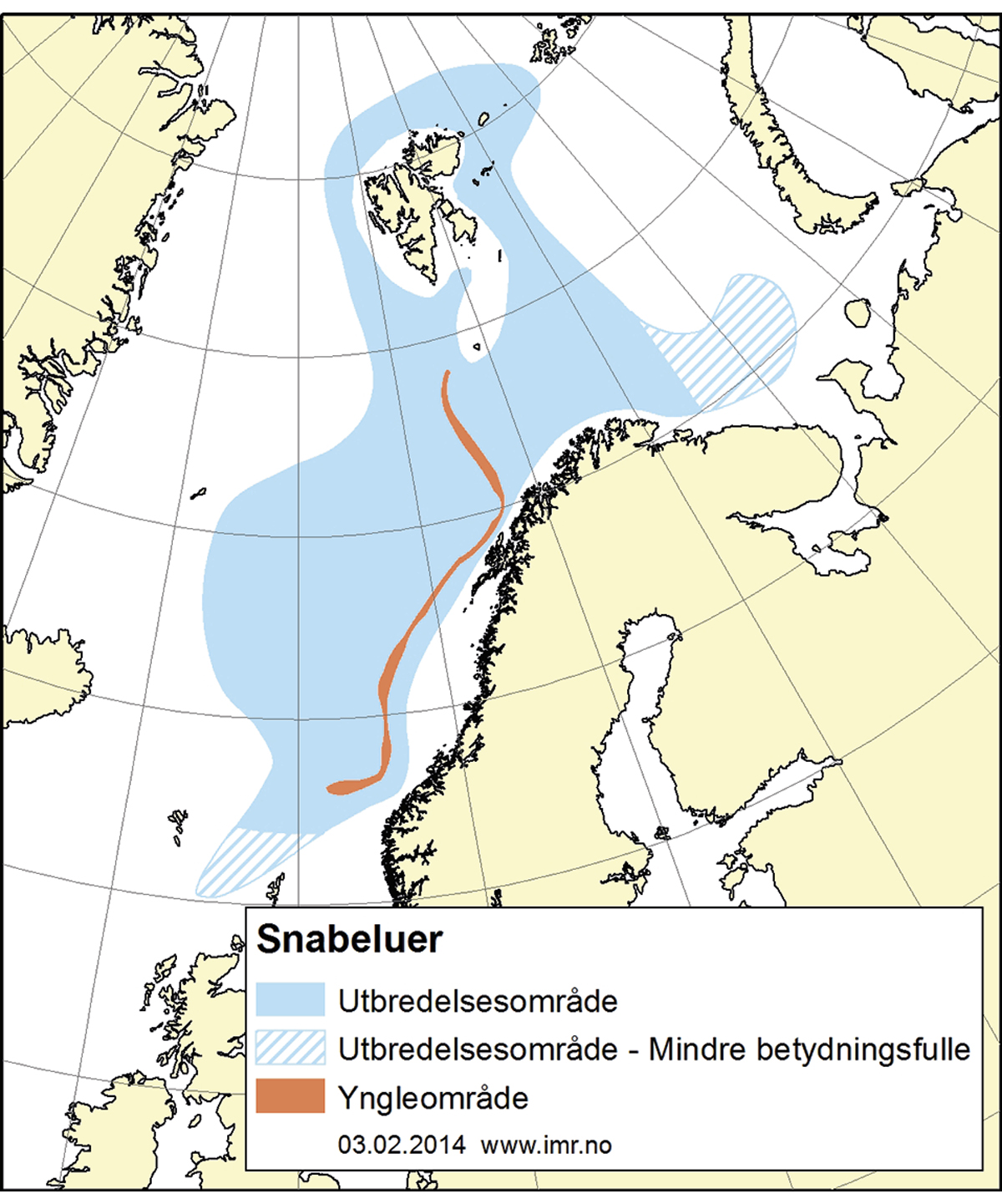 Figur 4.18 Utbreiingsområde og gyteområde for snabeluer.