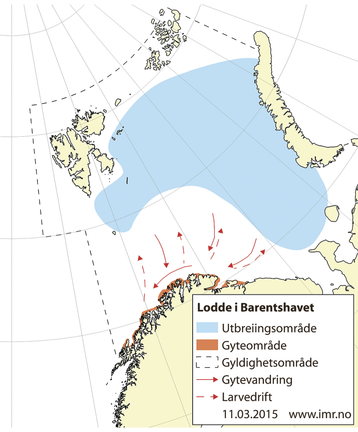 Figur 4.21 Utbreiingsområde og gyteområde for lodde i Barentshavet.