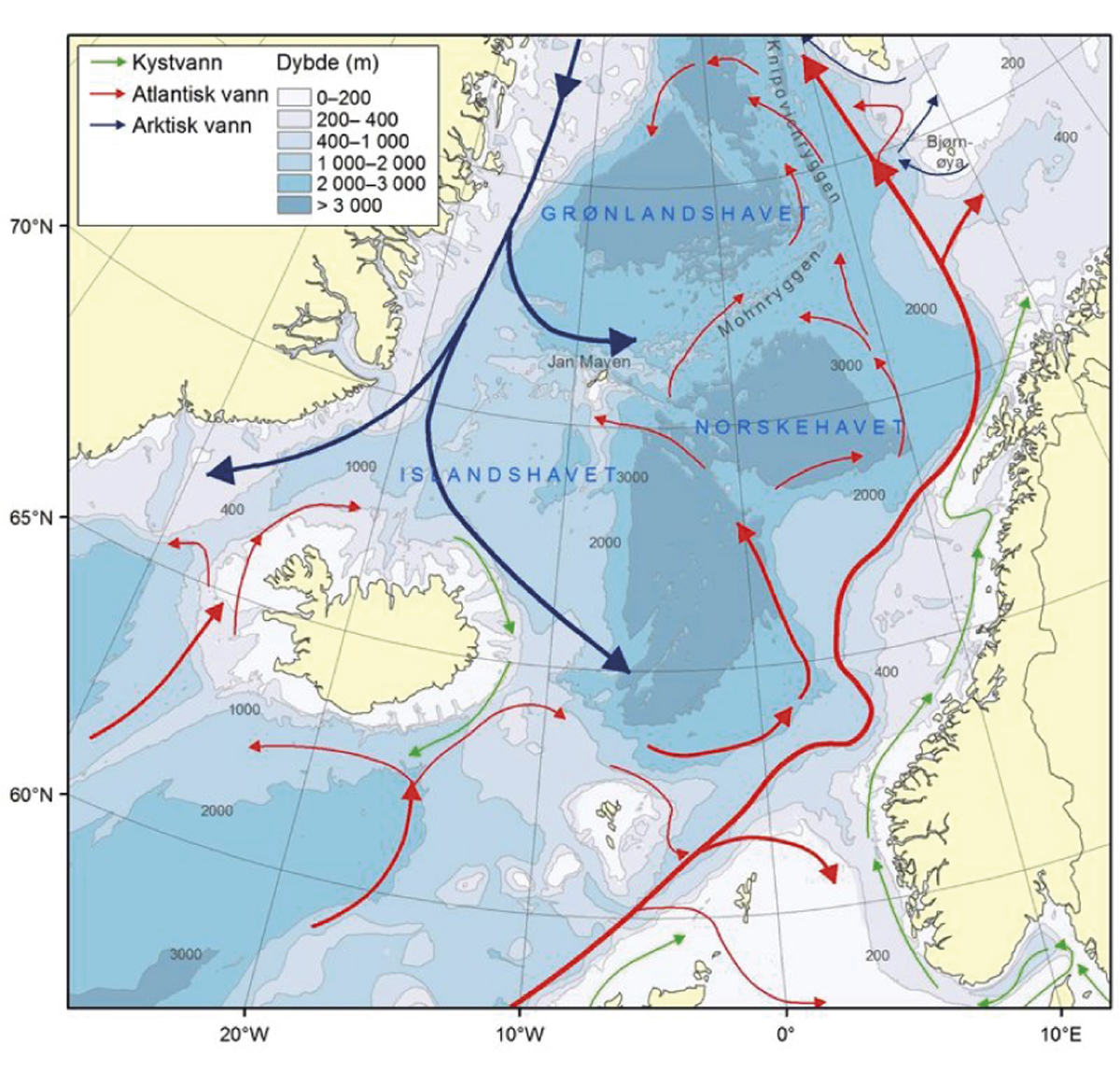 Figur 4.23 Norskehavet – straumar og djupn.