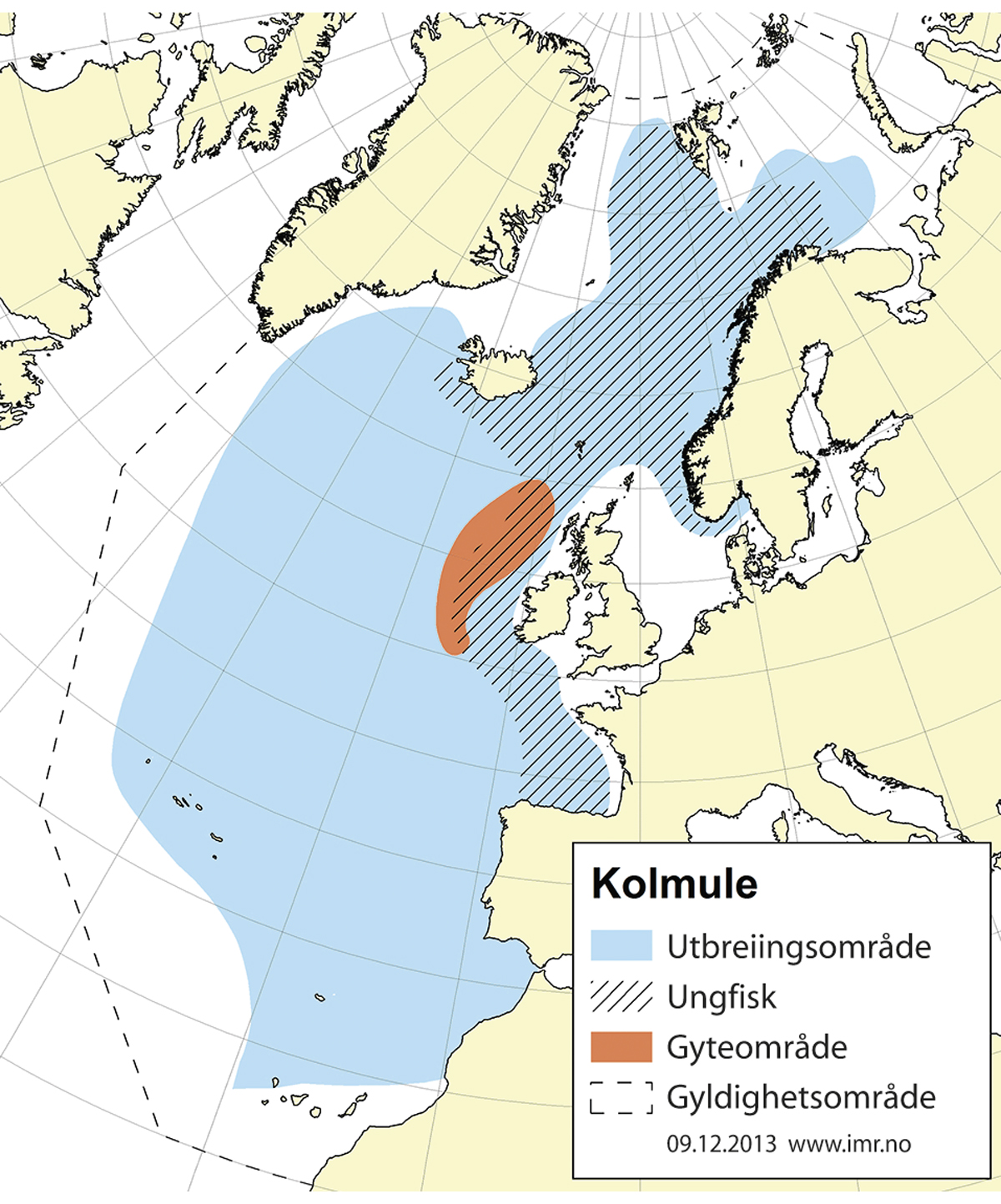 Figur 4.33 Utbreiingsområde og gyteområde for nordaustatlantisk kolmule.