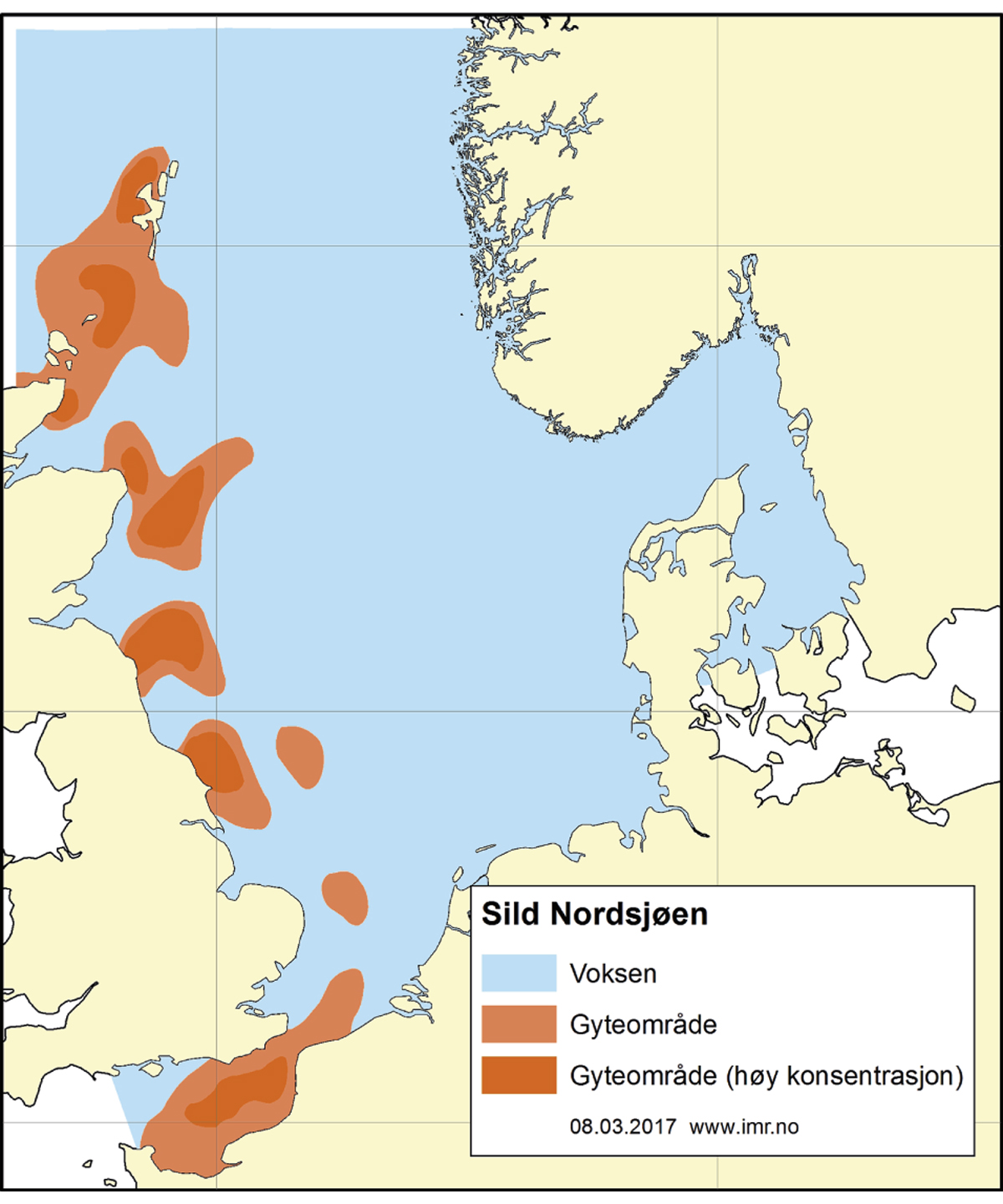 Figur 4.39 Utbreiingsområde og gyteområde for nordsjøsild.