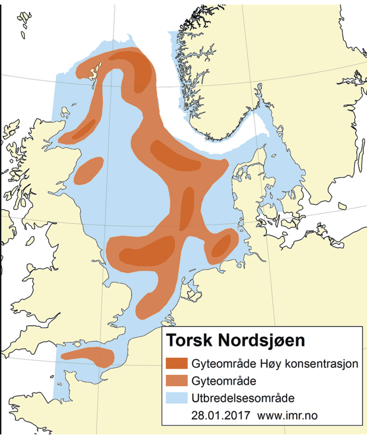 Figur 4.45 Utbreiingsområde og gyteområde for torsk i Nordsjøen, Skagerrak og austdelen av Den engelske kanalen.