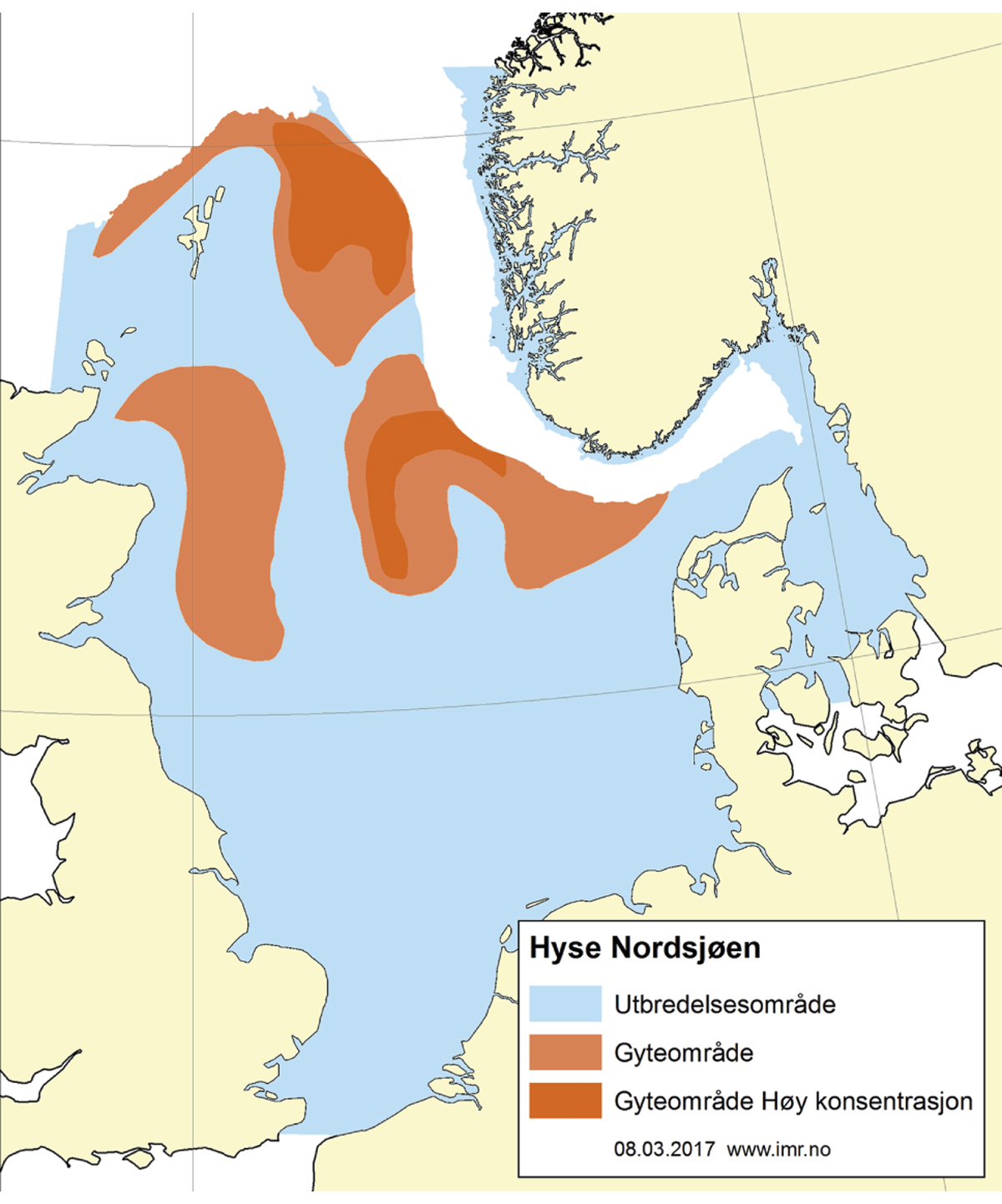 Figur 4.48 Utbreiingsområde og gyteområde for hyse i Nordsjøen, Skagerrak og vest for Skottland.