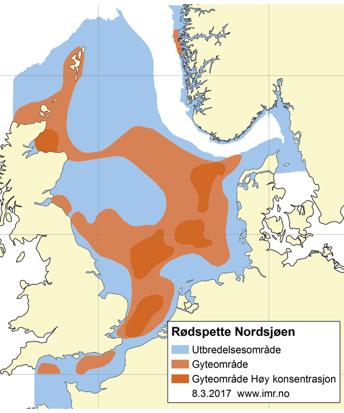 Figur 4.54 Utbreiingsområde og gyteområde for raudspette i Nordsjøen og Skagerrak.
