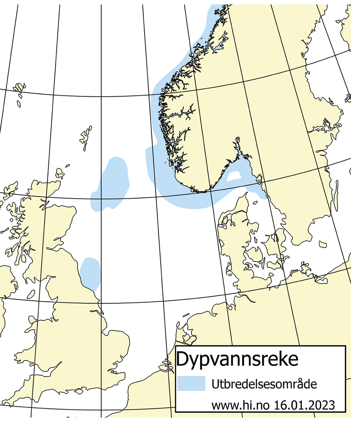 Figur 4.57 Utbreiingsområde og gyteområde for reke i Skagerrak.