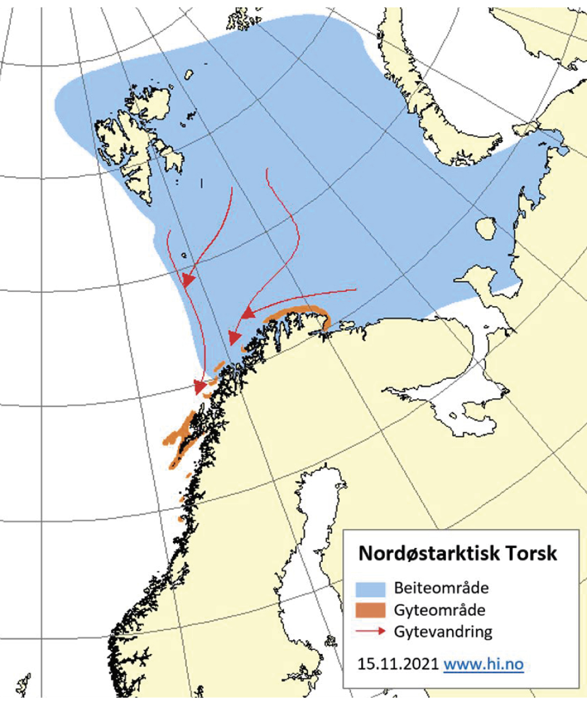 Figur 4.6 Utbreiingsområde og gyteområde for nordaustarktisk torsk.