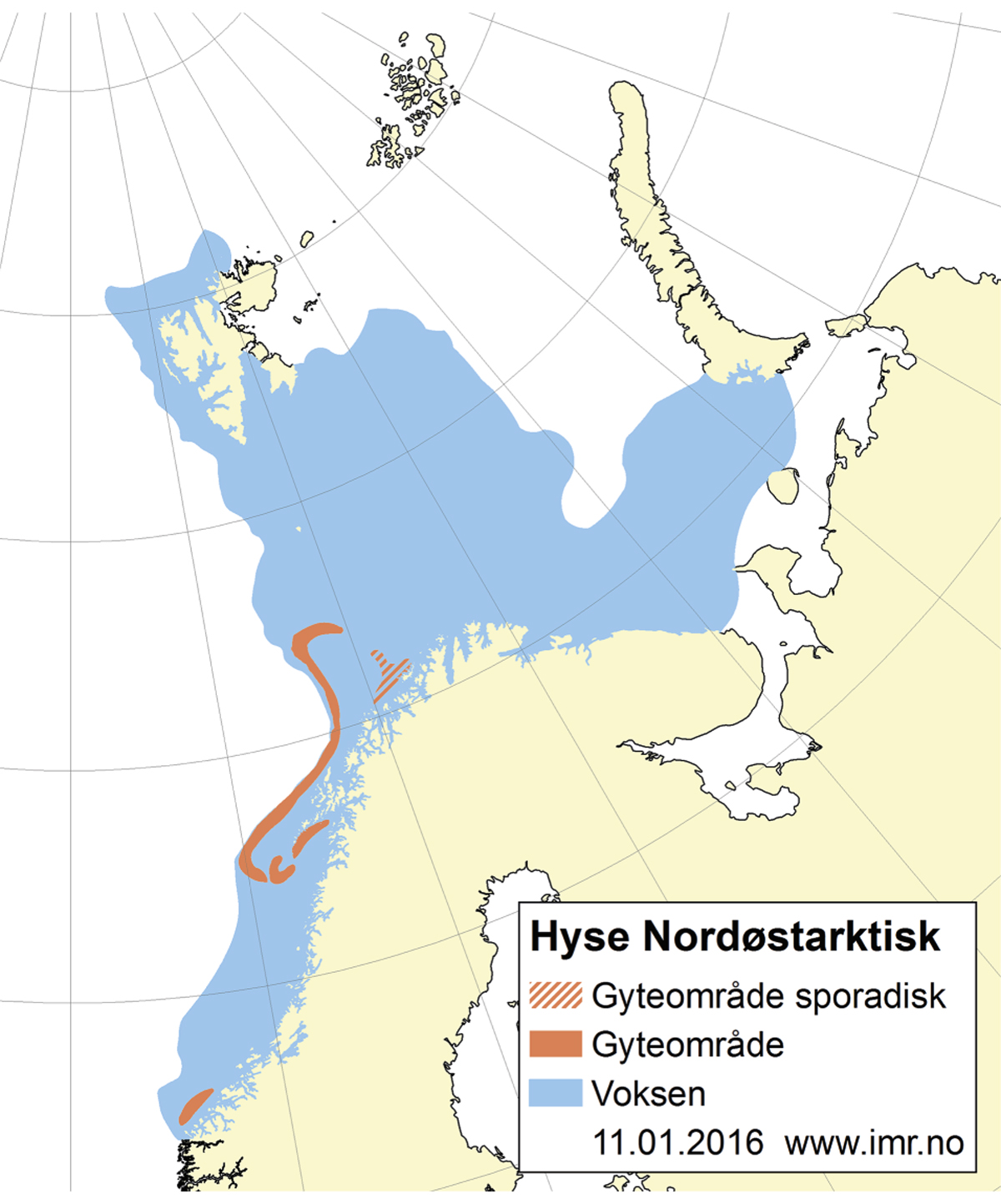 Figur 4.9 Utbreiingsområde og gyteområde for nordaustarktisk hyse.
