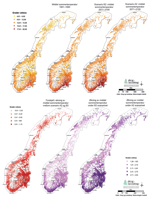 Figur 2.2 Arealfordeling av dyrket og dyrkbar mark i Norge fordelt på dagens
og framtidige klimasoner. Temperatursonene arealene fordeles på er
levert av Meteorologisk institutt. Framtidige temperatursoner er
basert på klimascenarioene A2 og B2 (FNs klim...