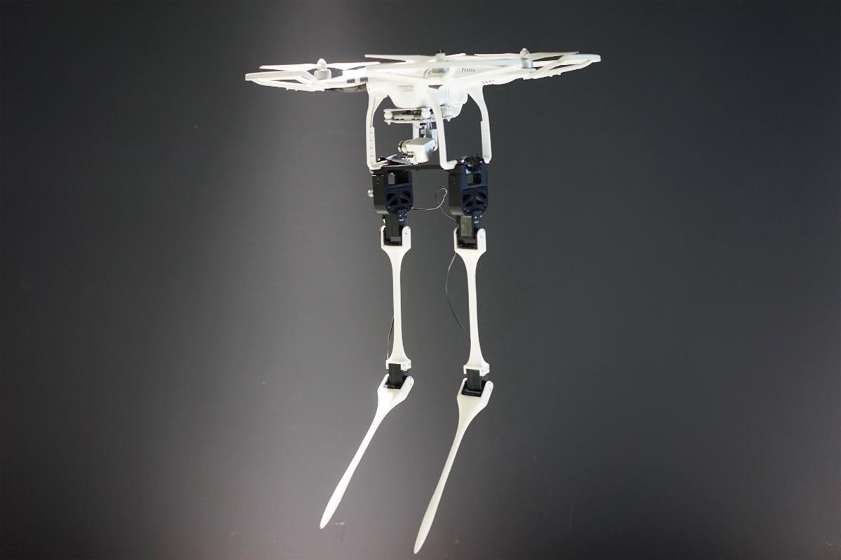 Aerial biped by the Japanese artists Azumi Maekawa and Shunji Yamanaka.  A white drone with long, feet with many separate joints. Used with permission from Ars Electronica.