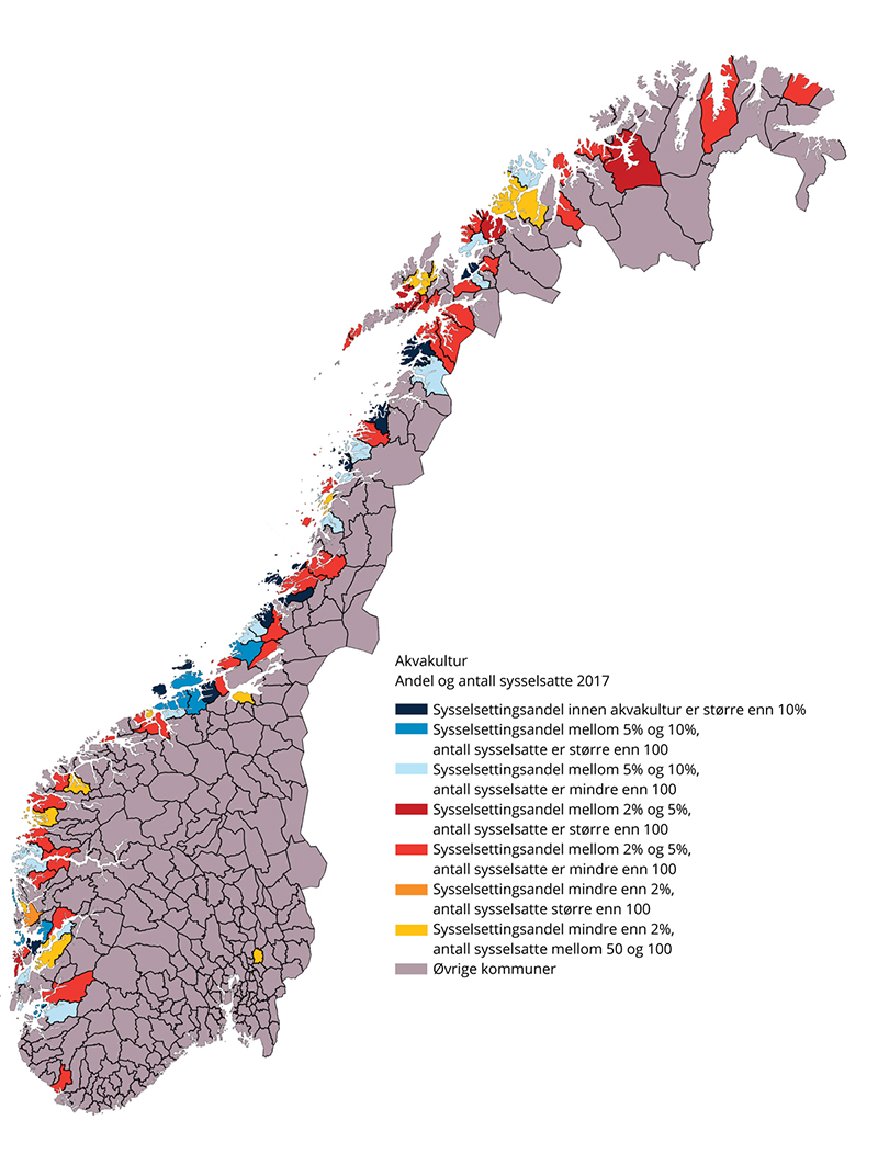 Figur 3.13 Havbruksnæringen i norske kommuner. Andel og antall sysselsatte av totalt 8 000