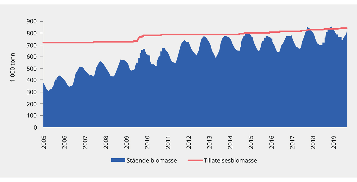 Figur 3.16 Utvikling i teoretisk kapasitet og stående biomasse. 2005–2018. 1 000 tonn1