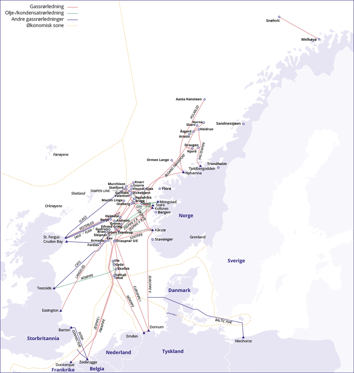Figur 12.13 Kart over eksisterende infrastruktur på norsk sokkel.