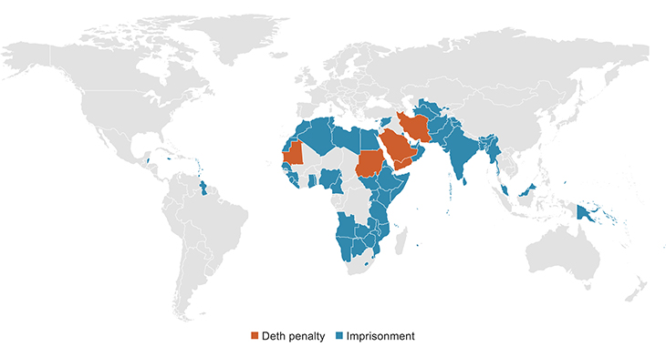 Figure 3.12 Overview of countries that criminalize same-sex relations.