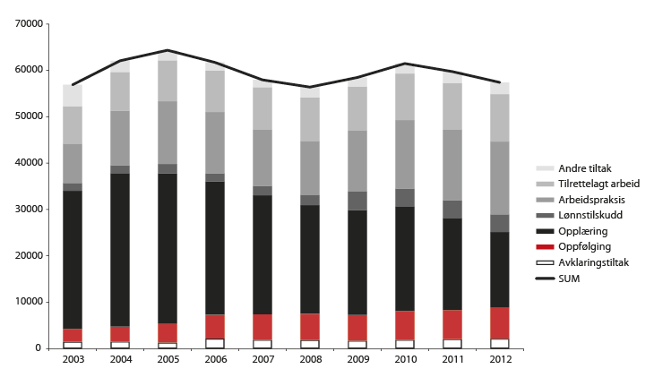 Figur 5.3 Antall tiltaksplasser for personer med nedsatt arbeidsevne fordelt på tiltakstyper. Desember 2003–2012