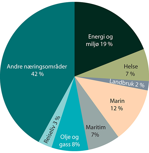 Figur 4.8 Tilsagn om tilskudd, innovasjonslån og garantier i 2019 over NFDs budsjett, fordelt på sektorer