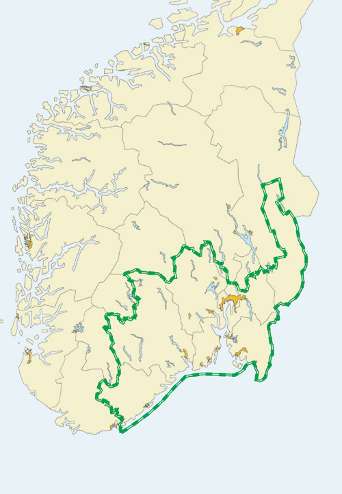 Figur 3.10 Gjeldende forvaltningsområde for ulv i Norge.
