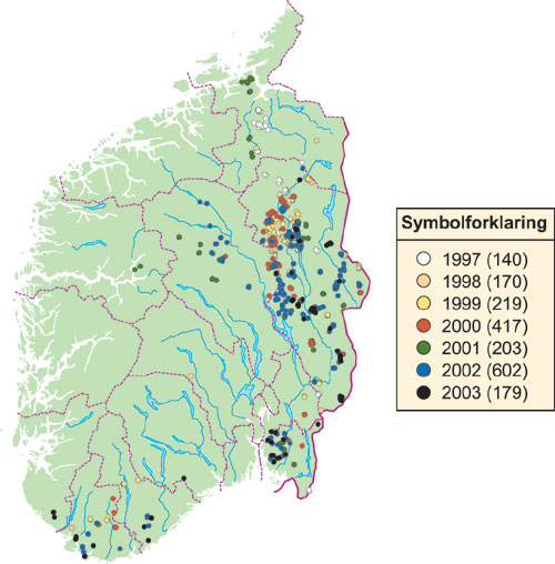 Figur 3.11 Kartfestede data for kadaver av sau/lam gjenfunnet
og vurdert som dokumentert eller antatt drept av ulv i Sør-Norge
i perioden 1997–2003 (antall pr. år i parentes).