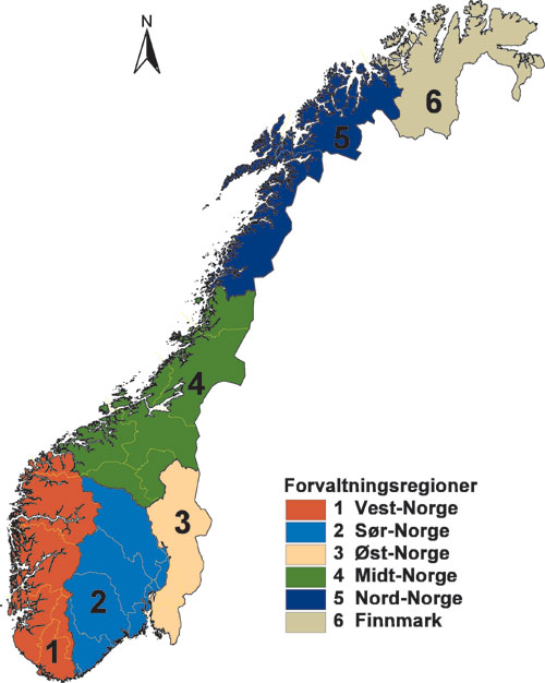 Figur 6.1 Inndeling i forvaltningsregioner for rovvilt. Gule streker
 angir fylkesgrensene.