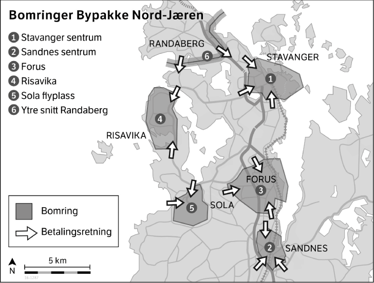 Figur 6.1 Bypakke Nord-Jæren – soner/snitt for bompengeinnkrevjing