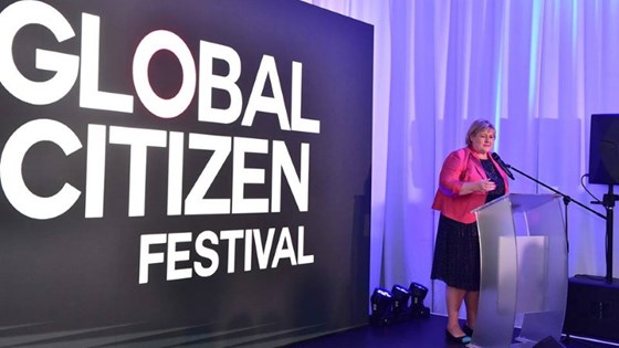 Statsminister Erna Solberg taler på en mottakelse om bærekraftsmålene i Johannesburg 2. desember 2018.