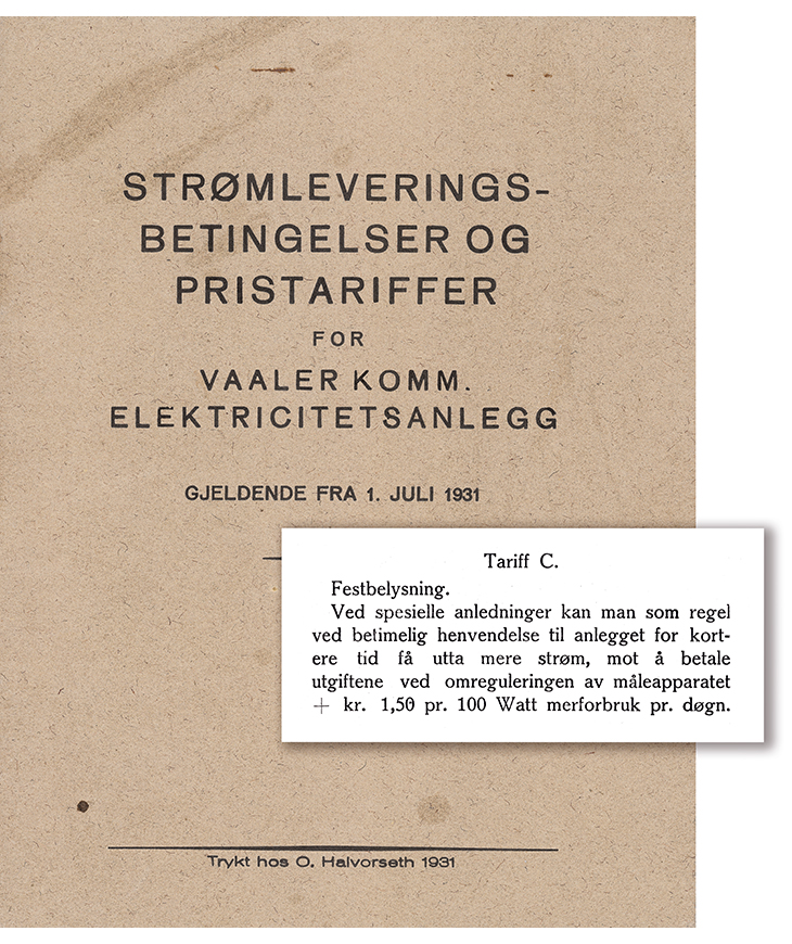 Figur 3.1 Strømleveringsbetingelser fra Vaaler kommunes electrisitetssanlegg 1931.