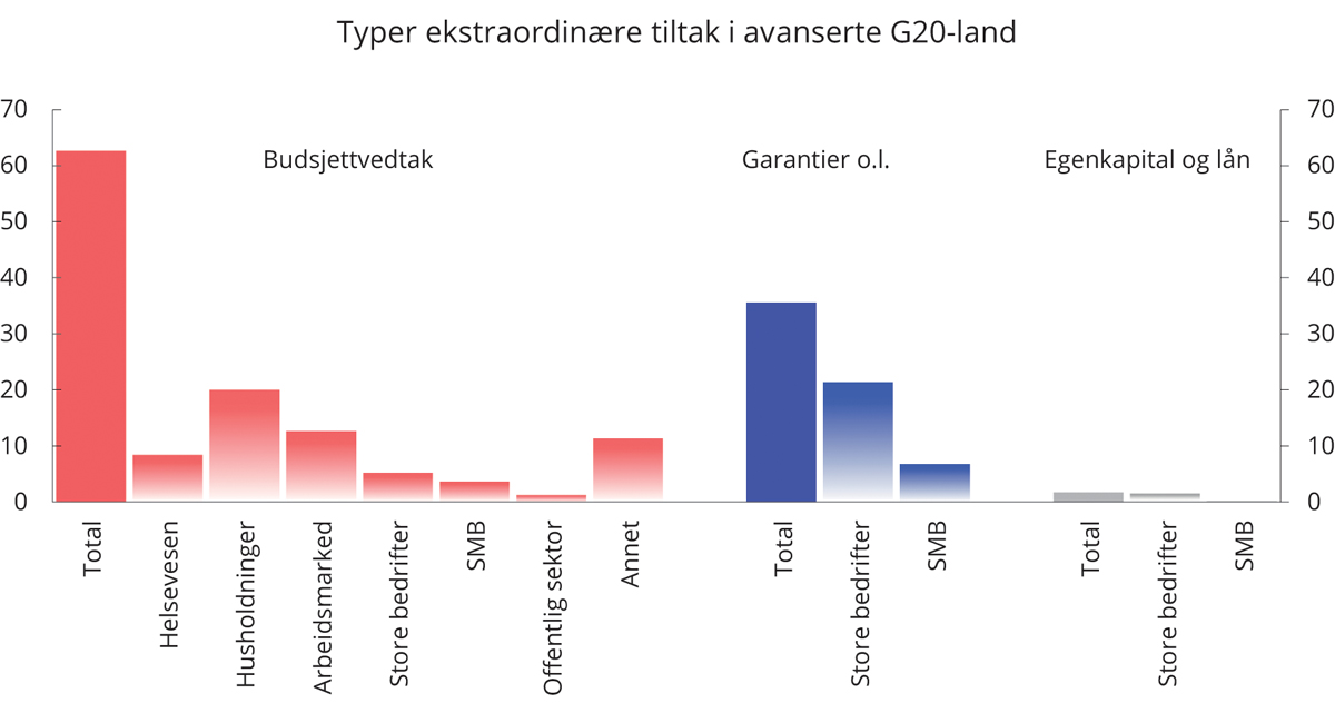 Figur 4.11 Typer ekstraordinære tiltak i avanserte G20-land. Som andel av samlede annonserte økonomiske tiltak. Prosent