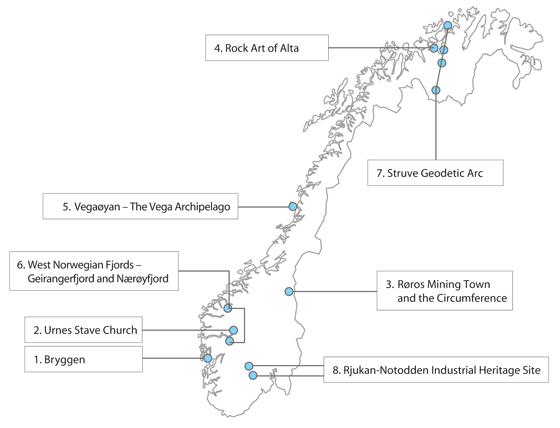 Figure 12.1 Norway’s World Heritage Properties.